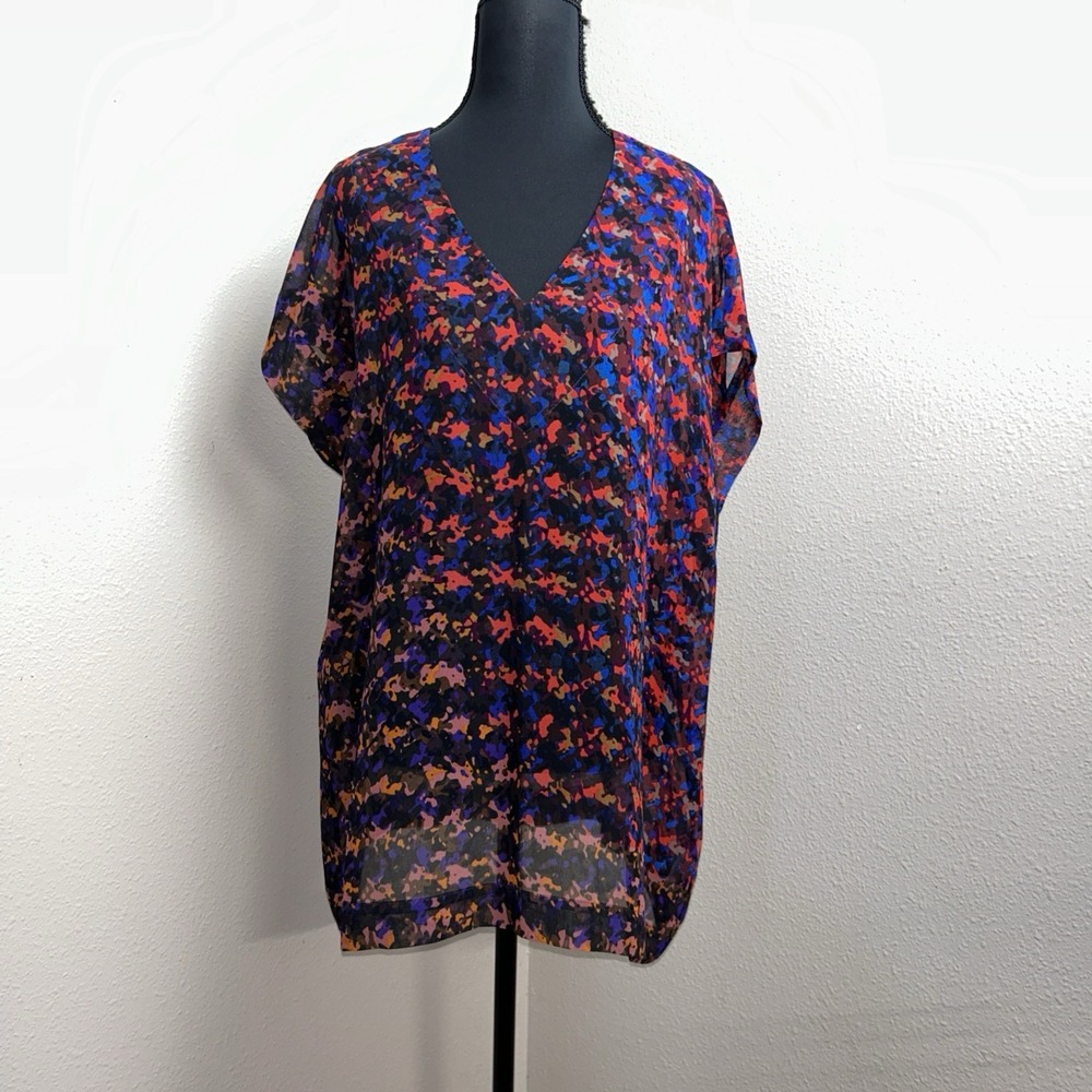 Cabi Top Women's Medium Multi Color Camo Houndstooth Semi Sheer Cap Sleeve Artsy